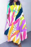 White Graphics Print O Neck 3/4 Sleeve Belted Pockets Long Vacation Casual Pleated A Line Maxi Dresses