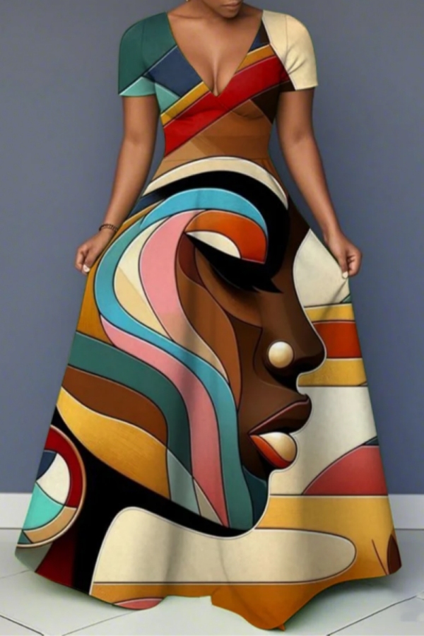 Multicolor Figure Print V Neck Short Sleeve Casual Vacation Maxi Flowy Dresses