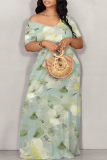 Camouflage Geometric Flowers Print V Neck Short Sleeve Floor Length Casual Loose Vacation Baggy Maxi T-shirt Dress