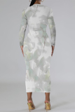 Green National Totem Print O Neck Long Sleeve Casual Bodycon Midi Dress