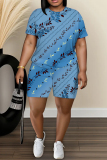 Blue Graphics Print O Neck Short Sleeve Oversize T Shirt And Shorts Set Casual Sportwear Plus Size Two Piece Matching Set
