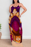 Blue Yellow Graffiti Print Backless Spaghetti Strap Floor Length Vacation Baggy Plus Size Sundress Slip Maxi Dress