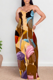 Blue Yellow Graffiti Print Backless Spaghetti Strap Floor Length Vacation Baggy Plus Size Sundress Slip Maxi Dress