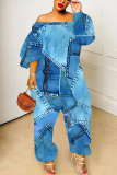 Blue Graphics Print Off Shoulder Long Sleeve Casual Vacation Harem Leg Jumpsuits