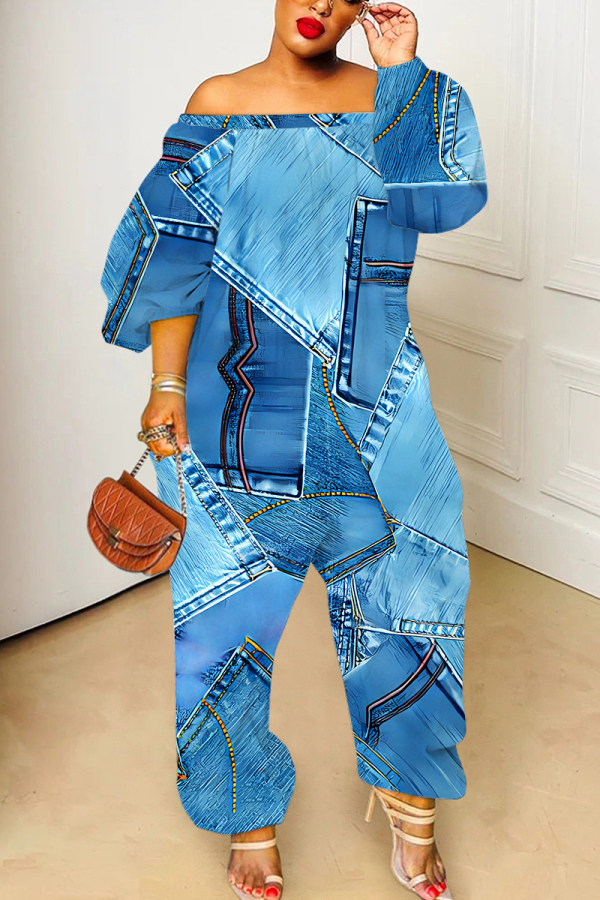 Blue Graphics Print Off Shoulder Long Sleeve Casual Vacation Harem Leg Jumpsuits