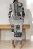 Green National Totem Print O Neck Long Sleeve Casual Bodycon Midi Dress