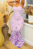 Light Blue Graphics Print Backless Sleeveless Spaghetti Strap Floor Length Long Baggy Vacation Maxi Slip Dresses