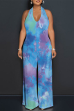 Light Yellow Tie Dye Gradient Print Lace Up Backless Contrast Halter Loose Straight Leg Jumpsuits
