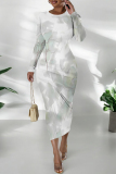 Green National Totem Print O Neck Long Sleeve Casual Bodycon Midi Dress