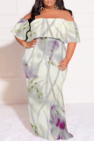 Light Blue Floral Print Off Shoulder Flutter Sleeve Long Loose Vacation Plus Size Maxi Dresses