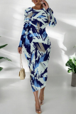 Green National Totem Print O Neck Long Sleeve Casual Bodycon Midi Dress