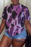 Purple Graphics Print O Neck Short Sleeve Casual Oversize Graphics T-Shirts