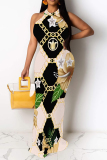 Beige Floral Print O Neck Sleeveless Party Evening Party Bodycon Maxi Dresses