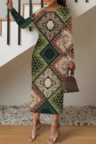Green National Totem Print O Neck Long Sleeve Casual Bodycon Midi Dress