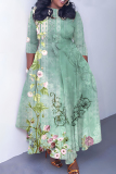 Pink Graphics Print O Neck 3/4 Sleeve Belted Pockets Long Vacation Casual Pleated A Line Maxi Dresses