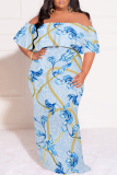 Light Blue Floral Print Off Shoulder Flutter Sleeve Long Loose Vacation Plus Size Maxi Dresses