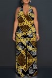 Blue Tiger Stripes Geometric Print Lace Up Backless Contrast Halter Loose Straight Leg Jumpsuits