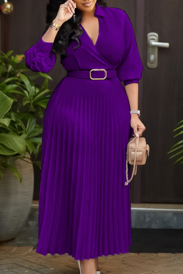 Purple V Neck Long Sleeve With Belt Casual Formal Office Lady A Line Pleated Maxi Dresses