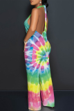 Light Yellow Tie Dye Gradient Print Lace Up Backless Contrast Halter Loose Straight Leg Jumpsuits