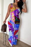 Light Green Graphics Print Backless Sleeveless Spaghetti Strap Floor Length Long Baggy Vacation Maxi Slip Dresses