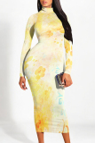 White Floral Print Half A Turtleneck Long Sleeve Vacation Bodycon Maxi Dresses