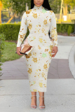 White Floral Print Half A Turtleneck Long Sleeve Vacation Bodycon Maxi Dresses