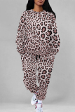 Blue Purple Leopard Print O Neck Long Sleeve Sweatshirt And Pants Sportwear Casual Two Pieces Jogger Set