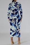 Green National Totem Print O Neck Long Sleeve Casual Bodycon Midi Dress