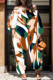 Colorful Graphics Print Off Shoulder Long Sleeve Casual Vacation Harem Leg Jumpsuits
