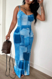 Light Green Graphics Print Backless Sleeveless Spaghetti Strap Floor Length Long Baggy Vacation Maxi Slip Dresses