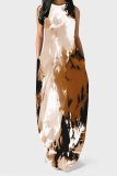 Dark Blue Gradient Colorblock Print Sleeveless O Neck Pocket Casual Loose Maxi Tank Dresses