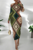 Green National Totem Print O Neck Long Sleeve Casual Bodycon Midi Dress