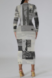 Green National Totem Print O Neck Long Sleeve Casual Bodycon Midi Dress