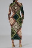 Green National Totem Print O Neck Long Sleeve Casual Bodycon Midi Dress