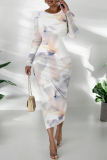 Green National Totem Print O Neck Long Sleeve Casual Bodycon Midi Dress