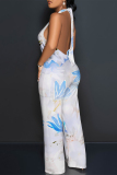 Beige Floral Print Lace Up Sleeveless Backless Loose Straight Leg Halter Jumpsuits