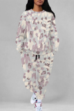 Blue Purple Leopard Print O Neck Long Sleeve Sweatshirt And Pants Sportwear Casual Two Pieces Jogger Set