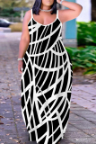 Black White Graphics Print Backless Spaghetti Strap Floor Length Vacation Baggy Plus Size Sundress Slip Maxi Dress