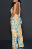 Beige Floral Print Lace Up Sleeveless Backless Loose Straight Leg Halter Jumpsuits