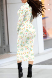 White Floral Print Half A Turtleneck Long Sleeve Vacation Bodycon Maxi Dresses