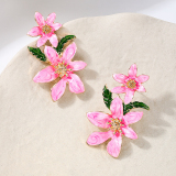 Pink Metallic Colored Oil Dripping Flowers Vacation Earrings