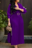Purple V Neck Long Sleeve With Belt Casual Formal Office Lady A Line Pleated Maxi Dresses