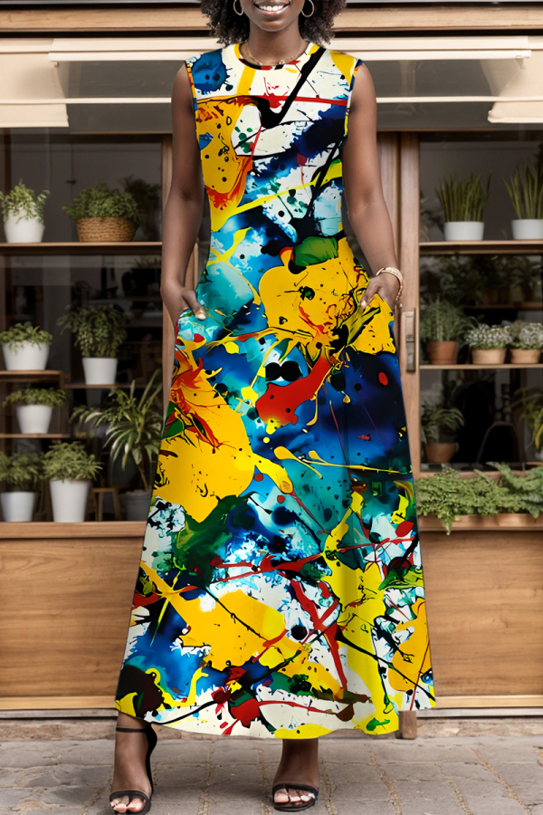 Blue Yellow Tie Dye Print Sleeveless O Neck Pocket Casual Loose Vacation Maxi Dresses