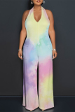 Light Yellow Tie Dye Gradient Print Lace Up Backless Contrast Halter Loose Straight Leg Jumpsuits
