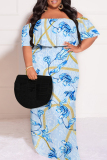 Light Blue Floral Print Off Shoulder Flutter Sleeve Long Loose Vacation Plus Size Maxi Dresses