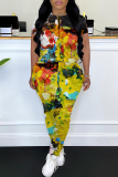 Rose Red Graphics Print O Neck Short Sleeve T Shirt and Skinny Pants Casual Two Pieces Trouser Sets