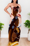 Blue Yellow Graffiti Print Backless Spaghetti Strap Floor Length Vacation Baggy Plus Size Sundress Slip Maxi Dress