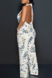 Beige Floral Print Lace Up Sleeveless Backless Loose Straight Leg Halter Jumpsuits