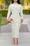 White Floral Print Half A Turtleneck Long Sleeve Vacation Bodycon Maxi Dresses