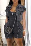 Khaki Turndown Collar Short Sleeve Blouse And Cami Romper Casual Two Pieces Sets